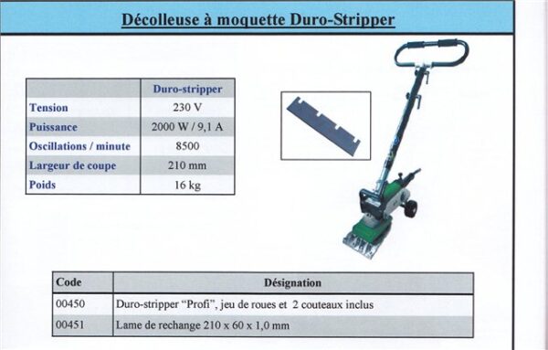 Décolleuse de tapis, spécifications